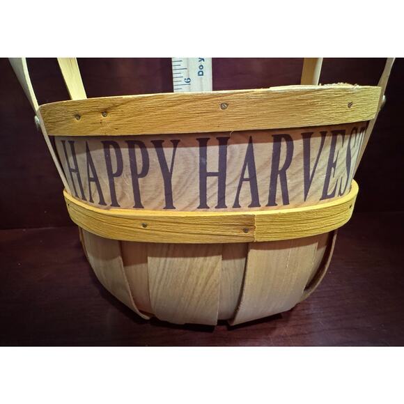 Wooden Happy Harvest Basket Fall Decoration 6" Tall 6.5" Diameter - Picture 10 of 10